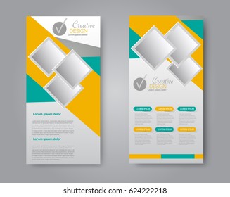 Skinny flyer or leaflet design. Set of two side brochure template or banner.  Vector illustration. Yellow and green color