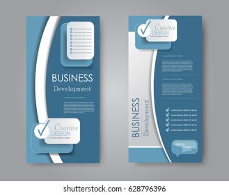 Skinny flyer or leaflet design. Set of two side brochure template or banner.  Vector illustration. Blue color