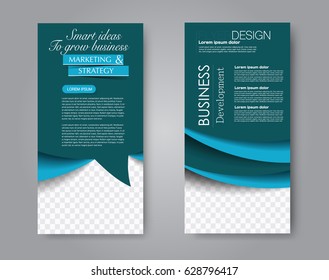 Skinny flyer or leaflet design. Set of two side brochure template or banner.  Vector illustration. Blue color