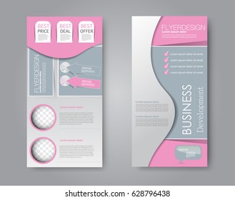 Skinny flyer or leaflet design. Set of two side brochure template or banner.  Vector illustration. Pink and grey color