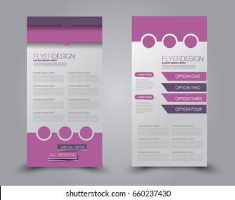 Skinny flyer or leaflet design. Set of two side brochure template or banner.  Vector illustration. Purple color.