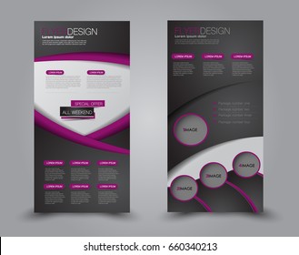 Skinny flyer or leaflet design. Set of two side brochure template or banner.  Vector illustration. Black and purple color.