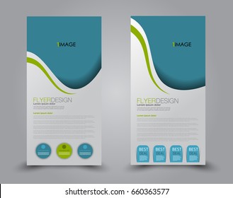 Skinny flyer or leaflet design. Set of two side brochure template or banner.  Vector illustration. Blue and green color.