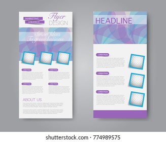 Skinny flyer or leaflet design. Set of two side brochure template or banner.  Vector illustration. Blue and purple color.