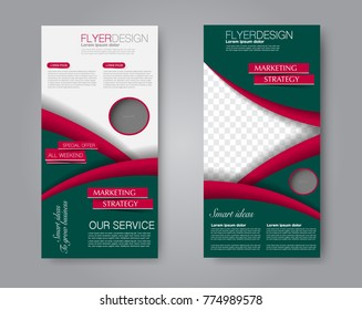 Skinny flyer or leaflet design. Set of two side brochure template or banner.  Vector illustration. Green and red color.