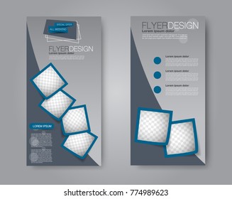 Skinny flyer or leaflet design. Set of two side brochure template or banner.  Vector illustration. Blue color.