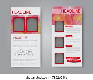 Skinny flyer or leaflet design. Set of two side brochure template or banner.  Vector illustration. Red and orange color.