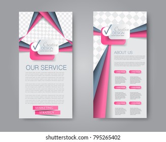 Skinny flyer or leaflet design. Set of two side brochure template or banner.  Vector illustration. Pink and grey color.