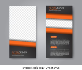 Skinny flyer or leaflet design. Set of two side brochure template or banner.  Vector illustration. Black and orange color.