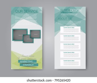 Skinny flyer or leaflet design. Set of two side brochure template or banner.  Vector illustration. Green color.