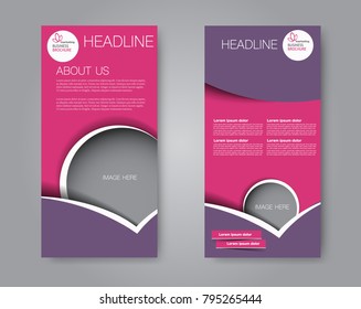 Skinny flyer or leaflet design. Set of two side brochure template or banner.  Vector illustration. Purple and pink color.