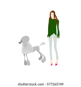 Skinny Girl And Dog. Flat icon. Vector.