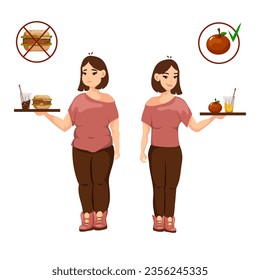 Skinny girl and healthy food. Fat woman and fast food. Mental health, bulimia, anorexia. Vector illustration isolated