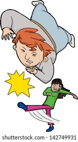 Skinny girl tripping fat person with a kick