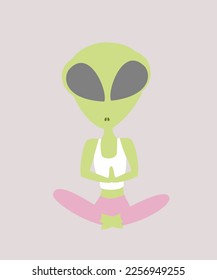 Skinny green alien with big head and eyes doing yoga