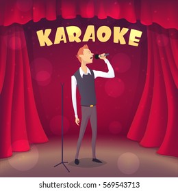 Skinny Guy Singing Karaoke On The Scene. Cartoon Style. Vector Illustration