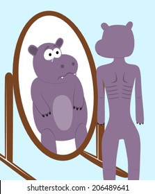 Skinny hippo looking at the mirror and seeing a fat hippo