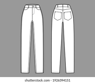 Skinny Jeans Denim pants technical fashion illustration with full length, normal waist, high rise, coin, angled 5 pockets, Rivets. Flat template front, back, white color style. Women unisex CAD mockup