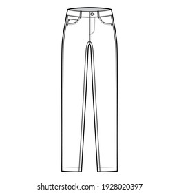 Skinny Jeans Denim pants technical fashion illustration with full length, low waist, rise, curved, coin, angled 5 pockets, Rivets. Flat bottom template front, white color style. Women, men CAD mockup