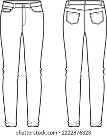 Skinny jeans flat sketch. Denim pants apparel design. Front and back. Women CAD mockup. Fashion technical drawing template. Vector illustration.