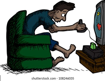 Skinny Latino man playing retro video games