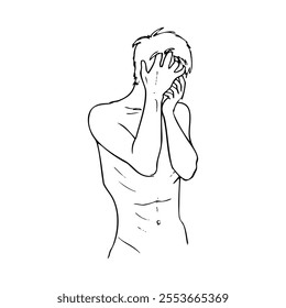 skinny man barechested standing covering face with palms - hand drawn sketch art. starving, prisoner, male sufferer, hostage