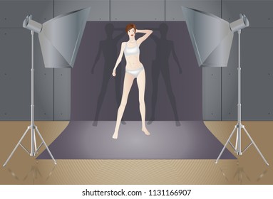 Skinny model posing in photo studio. Vector EPS 10 
