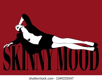 Skinny mood. Vector hand drawn illustration of pretty lady isolated. Creative tattoo artwork. Template for card, poster. banner, print for t-shirt, pin, badge, patch.
