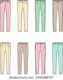 Skinny pants flat sketch. Trousers set apparel design. Front view. Women CAD mockup. Fashion technical drawing template. Vector illustration.