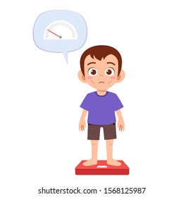 skinny sad kid boy use weight scale vector