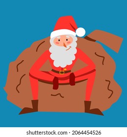 skinny Santa Claus is sitting on a bag of gifts with his legs wide apart.