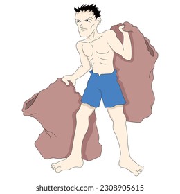 skinny trash man carrying empty sacks for scavengers. vector design illustration art