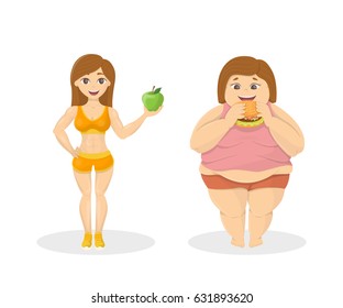 Skinny vs fat. Fit woman with apple and fat woman with fastfood.