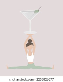 Skinny woman doing yoga with a margarita cocktail glass. Sport and alcohol concept