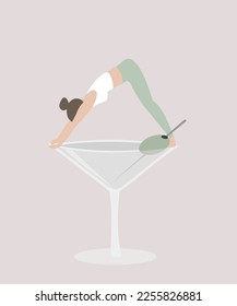 Skinny woman doing yoga with a margarita cocktail glass. Sport and alcohol concept