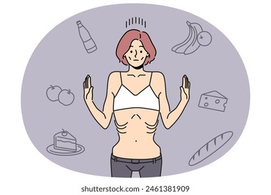 Skinny woman refuse eating suffer from anorexia. Unhealthy thin girl struggle with abnormal weight loss. Health problems. Vector illustration.