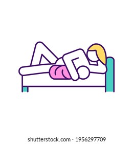 Skin-to-skin contact RGB color icon. Breastfeeding position. Postpartum period. Laying child directly on mother chest. Improving maternity bond. Kangaroo care. Isolated vector illustration