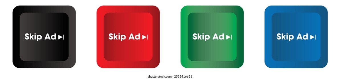 Skip ad button. skip advertisement transparent png button for website, 3d black, red, green and blue. online video player. vector illustration.