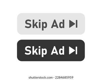 Skip ad button icon on light background. Video ad symbol. Interface, arrow, black and white variant, media, advertising, click. Outline, flat and colored style. Flat design. 