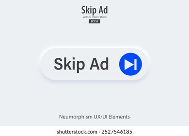 Omitir Botón de anuncios. Icono del anuncio en estilo neumático de moda. Estilo de diseño de neumorfismo 3D para App, Sitios web, interfaces y menú de App móviles. Ilustración vectorial.