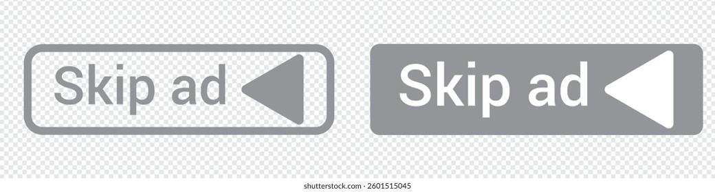 Skip ad button icon in trendy black flat style. skip advertisement icon for website design, online video player. Skip ads symbol, icon. Advertisement text isolated on transparent background. 