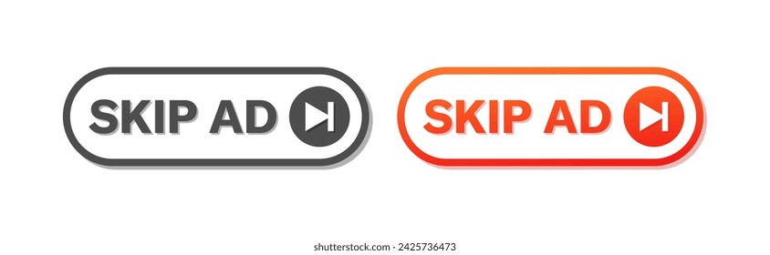 Skip ad button icons. Skip ad buttons. Flat style. Vector icons