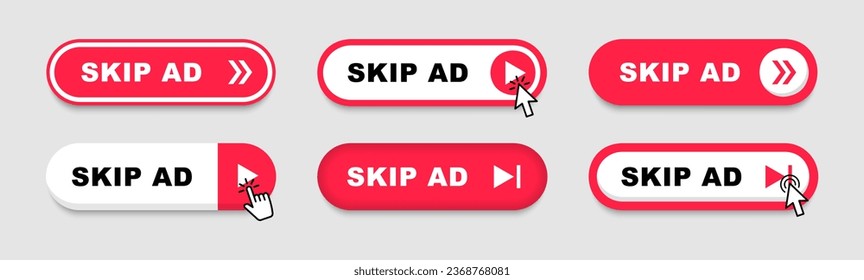 Skip Ad buttons with click cursor. Button ad blocking. No ads. Vector illustration.