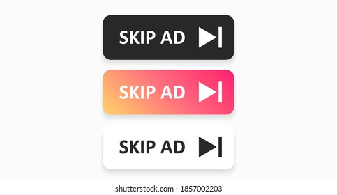 Conjunto de botones SKIP AD rectangulares de color aislados en un fondo blanco. Ilustración del vector