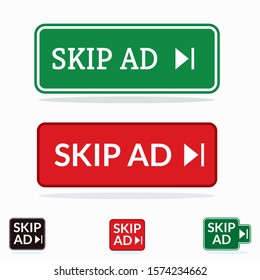 Skip ad buttons in red and green colors. Vector web interface user experience and user interface icons in different shapes. Stop marketing advertisement.