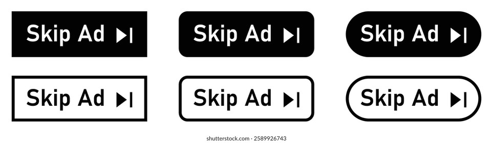 Skip ad buttons vector icon set in black color. Skip advertisement icons. Skip ad button for website. Silhouette and line style. Vector illustration.