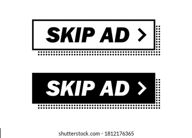 Saltar el anuncio, botones en colores blanco y negro. Ilustraciones vectoriales planas. Detener publicidad. Anuncio saltando la insignia para sitios y aplicaciones móviles aislados en un fondo blanco.