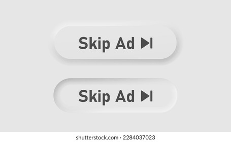 Saltar icono de anuncio en estilo neumorfismo. Iconos para negocios, interfaz de usuario blanca, UX. Símbolo de anuncio. Medios, teléfono, salto de video, flecha. Estilo neumórfico.