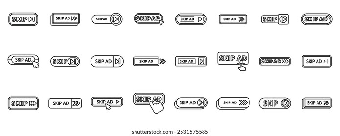Omitir conjunto de iconos de anuncios. Colección de varios Botones de salto de anuncios que muestran el cursor que hace clic para saltar anuncios