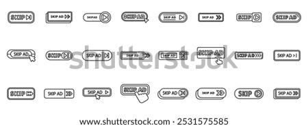 Skip ad icons set. Collection of various skip ad buttons showing cursor clicking to skip ads